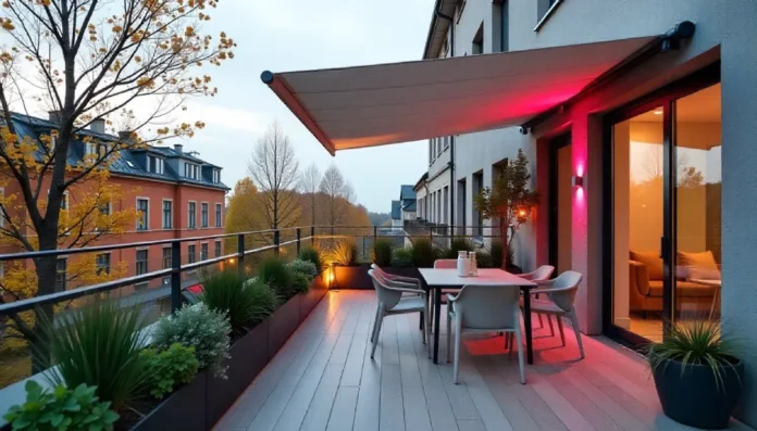 Choose Markiseteppe_ Transform Your Patio Shade Now Stylish Markiseteppe providing shade on a modern patio with comfortable seating and outdoor decor.